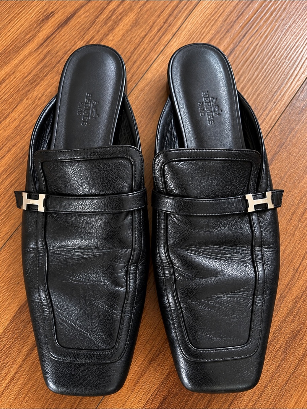 Hermes Black Leather Slide Loafers with Silver H Buckle
